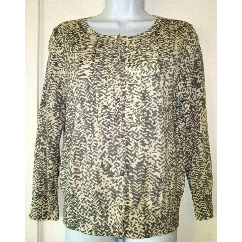 J.Crew Medium Ivory 100% Merino Wool W/ Gray Print Ls Cardigan W/ Ruffle Front